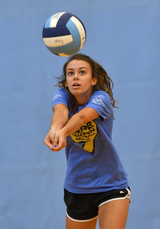 Senior setter Teaghan Van Brunt bumps a set at a recent practice.