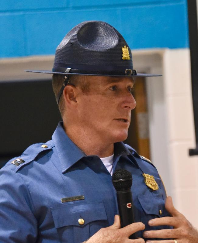 Troop 4 Commander Bill Crotty tells residents that crashes and thefts have decreased so far this year in the area.