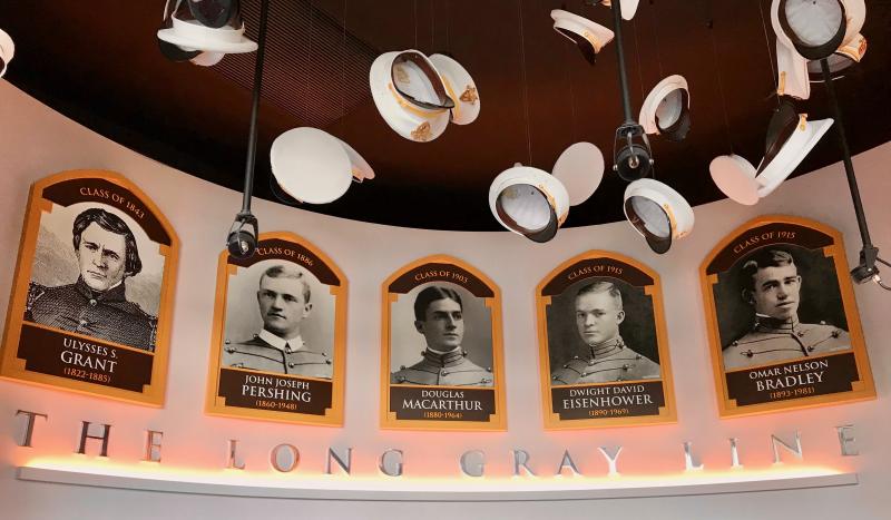 Inside the visitors’ center, a display of some of West Point’s illustrious graduates, including two presidents.