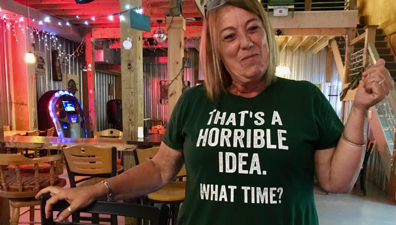 Becky talked to Tracey at the bar for a long time. Sympatico. I dug her T-shirt. Here you go. Thank God for the First Amendment and the courage to make it law!