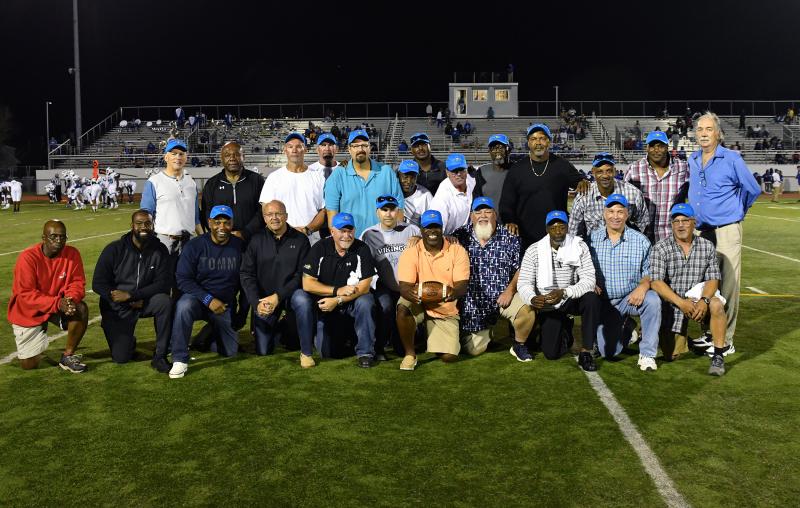 The 1979 state championship team was honored at halftime of the Cape game Sept. 27. Head coach Jim Alderman is battling cancer in Florida and could not make the trip. Shown in back are (l-r) assistant coach Rob Schroeder, assistant coach Bill Colllick, Rick Aydelotte, Bill Lorah, Phil Marvel, Tim Holloman, Ezel Parker, Marty Reed, Vincent Daniels, Herbert Gibbs, Hansen Young, Nolan Hazzard and assistant coach Lou Norbeck. In front are John Boyer, Vincent Leggins (Sam Leggins’ son), Marvin Timmons, Richard Reed, Bob McVey, Pete Coveleski, Tim Gray, John Foresteri, George Edwards, Bob Adair and Ralph Carl. DAN COOK PHOTOS