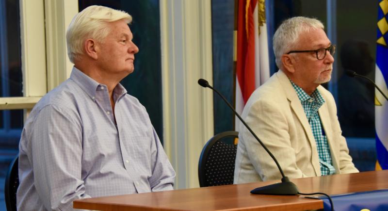Lewes Mayor Ted Becker, left, and Sussex County Councilman Irwin “I.G.” Burton listen to a question. RON MACARTHUR PHOTOS