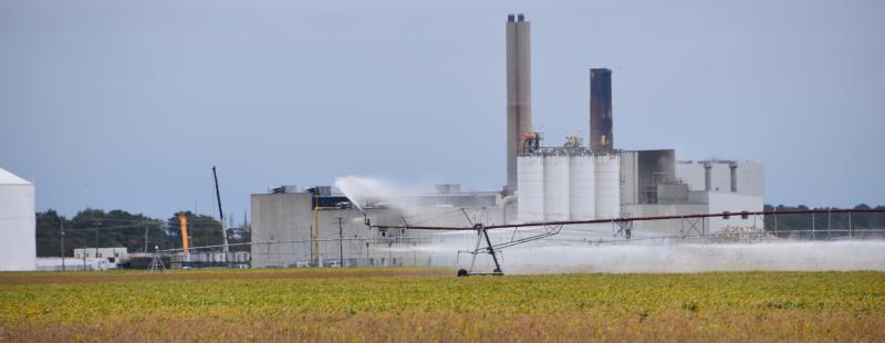 Wastewater is sprayed on a soybean field adjacent to the Mountaire Farms plant near Millsboro. RON MACARTHUR PHOTOS