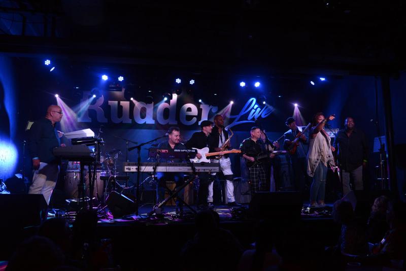 The Closing Party, held at the Rusty Rudder, brought together many of the Jazz Fest performers on one stage. Shown are (l-r) Jay Rowe, Alex Bugnon, Matt Marshak, Jackiem Joyner, JJ Sansaverino, Gerald Veasley, Selina Albright and Ronnie Queen. STEVEN BILLUPS PHOTO