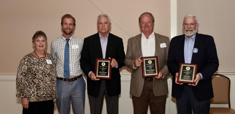Sussex Alliance for Responsible Growth receives the Inland Bays Foundation Environmental Advocacy Award. At the Oct. 23 presentation are (l-r) Foundation President Frances Hart, 2018 winner and Delaware Center for the Inland Bays Executive Director Chris Bason, and SARG founding members, Rich Borrasso, Rich Holtkamp and Jeff Stone. RON MACARTHUR PHOTOS