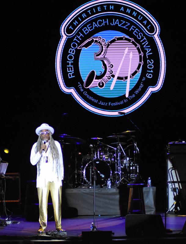 Rehoboth Beach Jazz Festival Emcee Perky Scott welcomes the crowd to Cape Henlopen High School Oct. 18. NICK ROTH PHOTO