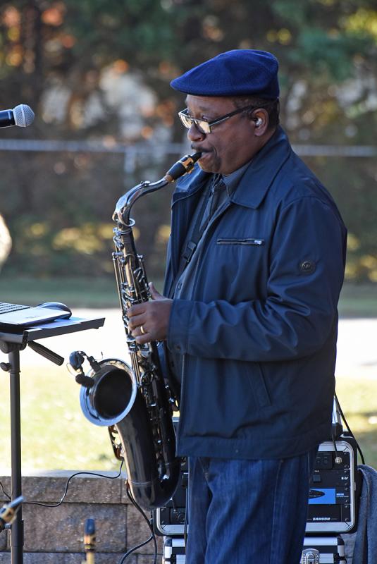 Everett Spells stands in the chilly shadow of Shields Elementary, playing for the Historic Lewes Farmers Market crowd Oct. 19. NICK ROTH PHOTO