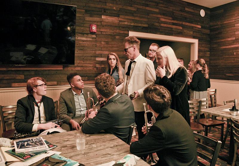 Peggy Raley & Eddie Sherman review the jam plan with Cape High musicians at Bethany Blues Oct. 16. DENY HOWETH PHOTO