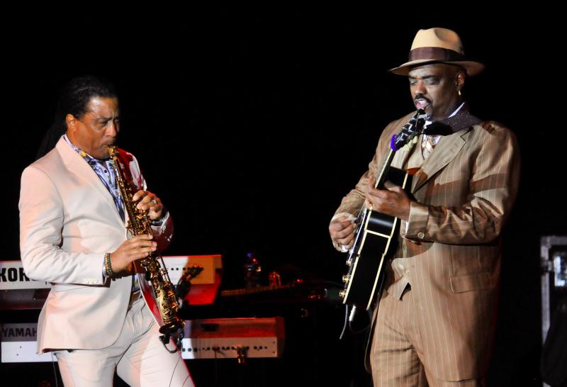 Marion Meadows, left, and Nick Colionne perform together on the Cape Henlopen High School stage during an Oct. 19 show. RON MACARTHUR PHOTO