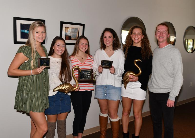 Award winners are (l-r) Hope Reed, JV Sportsmanship Award; Abbey Derrickson, Golden Flamingo Award for being the ultimate teammate and honorable mention all-conference; Emily Lamb, first-team all-conference and team MVP; Taylor Iacona, varsity sportsmanship award; Bre Kusen, Golden Flamingo Award; and head coach Tyler Coupe. DAN COOK PHOTOS