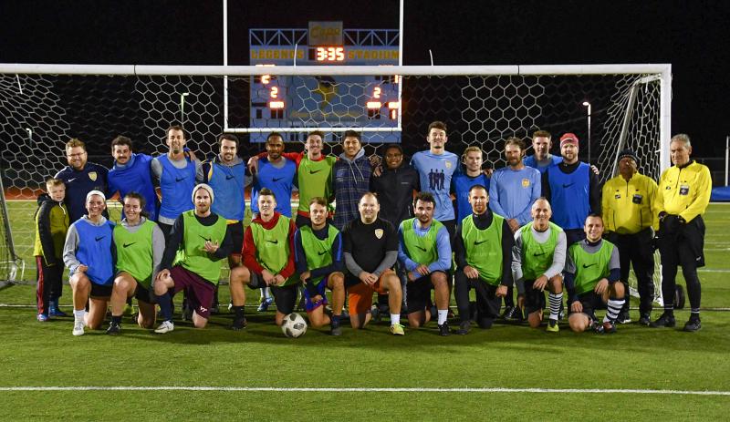 The Cape soccer team alumni played its annual game at Legends Stadium Nov. 27. Shown in back are (l-r) Cam Kilby, Patrick Kilby, Will Hastings, Bryan Mack, Billy Swontek, Jack Norwood, Zach Swarbrick, Uly Slagle, Brad Seneus, Dane Palmer, Troy Humphries, Andrew Williams, Matt Kreitzer, Bryan Reed and referees Tony and Pia. In front are Brooke Hollingsworth, Lyndsey Swontek, Michael Johnson, Jack Ashby, Steve Matalavage, Scott Myers, Sam Evans, Chase Korneman, John David Miller and Joe Esposito. DAN COOK PHOTOS