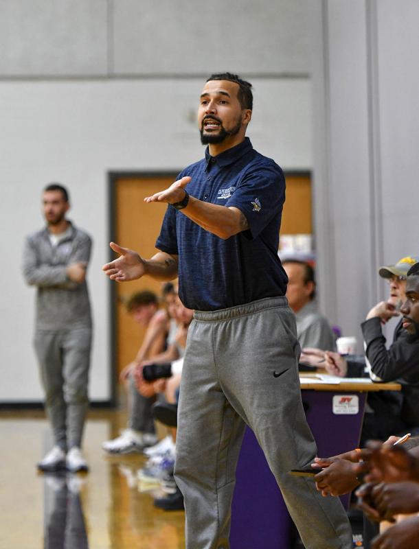 Cape first year head coach Shemik Thompson looks for a call.