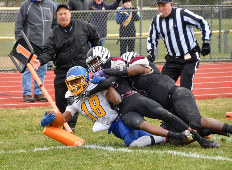 Sussex Central's Phillip Stratton dives in for the Golden Knights’ only touchdown in the 41-7 loss to Hodgson. DAN COOK PHOTOS
