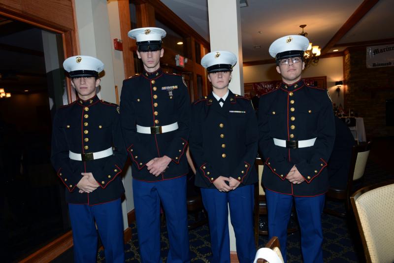 Colorguard from the Indian River High School Junior ROTC attended the celebration. Shown are (l-r) Cadet Lance Cpl. Raymond Andrade, Cadet First Sgt. Jordan Hastings, Cadet Lance Cpl. Logan Marvel and Cadet Lance Cpl. Mario Marsiglia. Marines Celebrate 244th Birthday