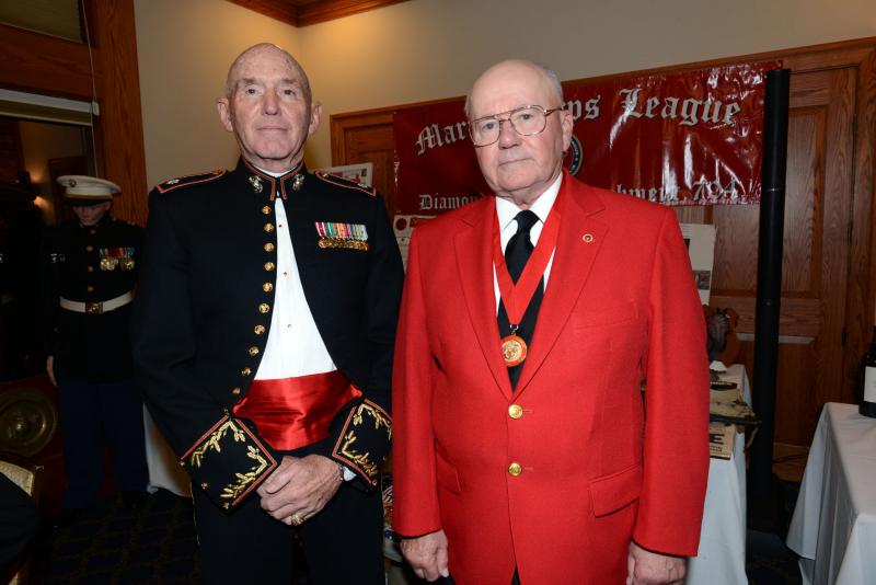 Keynote speaker for the celebration Lt. Col. David Smith, retired, stands with MCL Detachment 704 Past Commandant and state Sr. Vice Commandant Dick Kollar. Marines Celebrate 244th Birthday