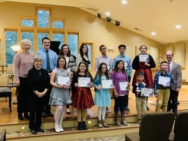 Shown during the recital are (l-r) in front Carole Neal, Delaney Huxtable, Zoe Cullen, Emilee Fitzpatrick, Grace Thomas, Luke Macuha, and Raymond Macuha. In back are Meldene Gruber, Nicolas Del Rossi, Charlotte Del Rossi, Ella Walker, Dylan Thomas, Andreas Caruso, Eva Cullen and Eric Neumann. SUBMITTED PHOTO