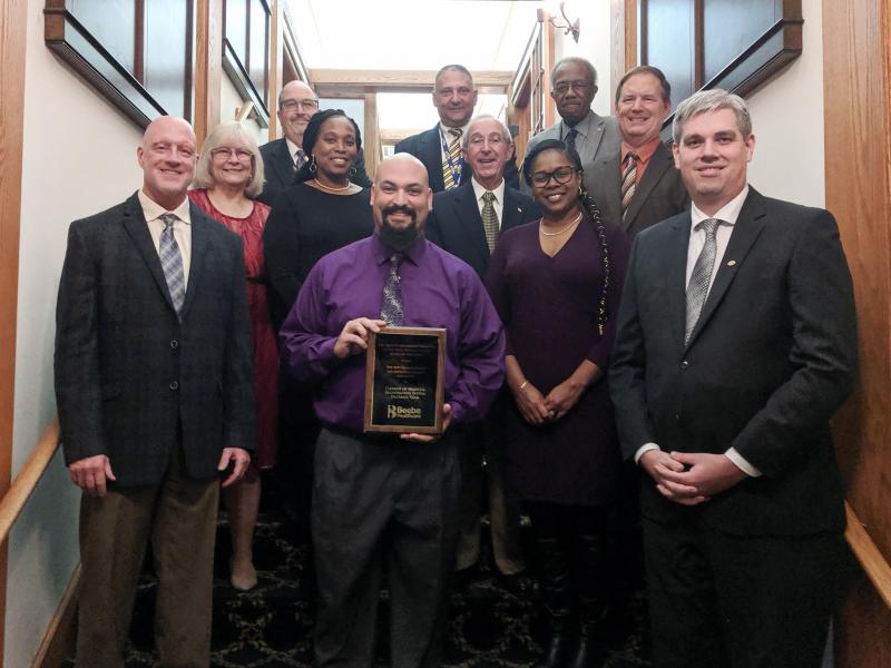 The Cleanup of Hospital Registration System Database Team won a 2019 Quality and Safety Award. Shown are in back (l-r) Rick Schaffner, RN, interim CEO, executive vice president, chief operating officer; Mike Maksymow, MBA/TM, CHCIO, FCHIME, FHIMSS, CPHIMS, vice president, chief information officer; and Wesley Perkins, board of directors. In the middle are Sue Shultz, BS; Sandra Williams; David Herbert, board of directors chair; Donielle Boyd; and Stephen Fanto, MD, board of directors. In front are Mike McLeod, CPHIMS; Matthew Kall; and Jon Westmore.