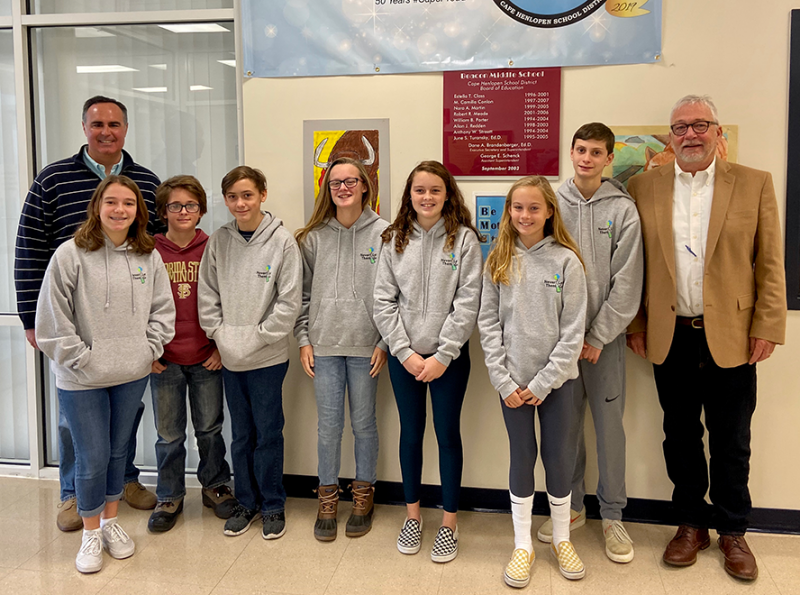 Gathering after the resolution presentation are (l-r) Sen. Ernie Lopez, R-Lewes; Gina Gruwell, Sam Gossett, Eli Lawson, Addison Bowman, Darcy Crotty, Sophia Massaro, Stephen Hart and Sussex County Councilman Irwin “I.G.” Burton. ELLEN DRISCOLL PHOTOS
