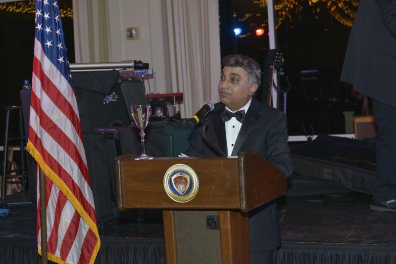 Harry K speaksto gathered supporters, thanking them for their support. He mentioned all of his sponsors and brought up the entire foundation board to be recognized. Harry K Christmas Ball 2019