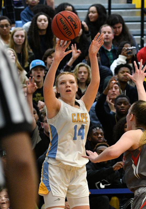 Cape sophomore Morgan Mahoney hits a three.