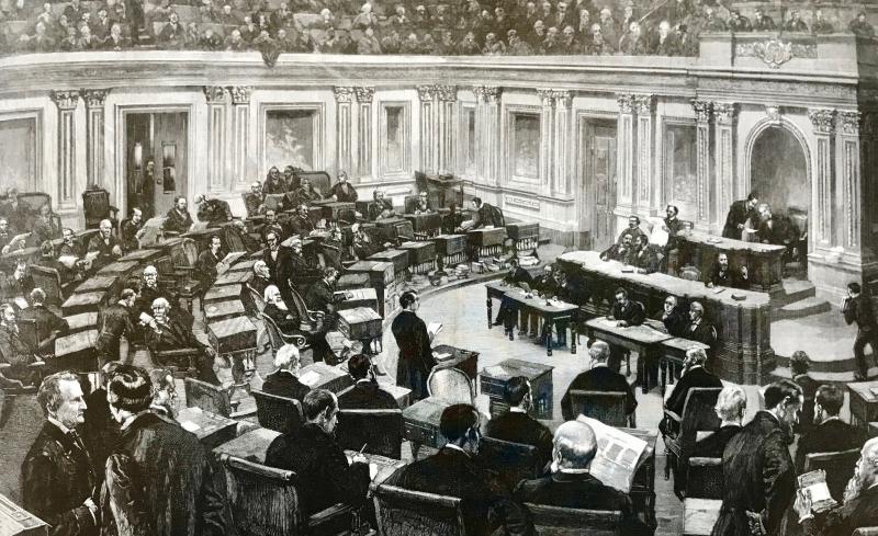 This drawing of the U.S. Senate chamber in the capitol building appeared in Harper’s Weekly in 1866. It is the cover image for a brochure passed out to visitors providing information and history about the Senate.