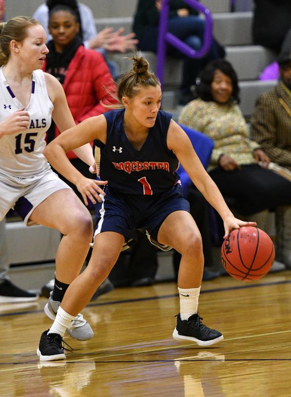 Worcester Prep senior Carly Hoffman controls the ball on the sideline.