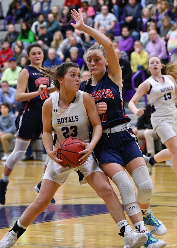 Royals junior point guard Grace Fetterman looks to go to the basket on Mallards sophomore Lily Baeurle.