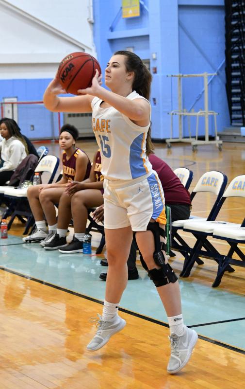 Cape senior Ryleigh Elliott, on the hardwood for the first time this season after ACL surgery, sinks a three-pointer for the first tally on the Lady Vikings’ scoreboard.
