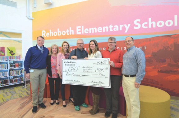 Cape Henlopen Educational Foundation check presentation attendees shown are (l-r) Cape Henlopen School District Superintendent Bob Fulton, CHEF board member Gail Mack, Cape Assistant Superintendent Jenny Nauman, CHEF Board President Rick Grier-Reynolds and Gallo Gives Foundation committee members Megan Honeysett, Turner Hastings and Andrew Ratner.