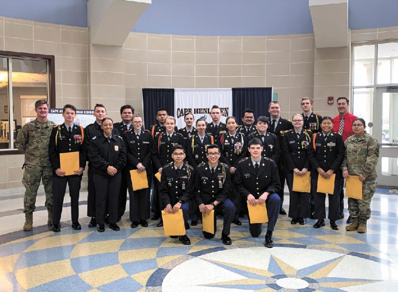 JROTC cadets from Cape Henlopen High School shown are in back (l-r) Wyatt Fruehauf, Martin O’Reilly, Robert Marcott, Cruz Harmon, Alan Marin-Quiroz, Chloe Milman, Ryan Trumbauer, Robert Marin-Landa, Colby Barbour, and Gavin Felker with Cape Assistant Principal Andrew Coulter. In middle are Dania Cannon, Taylor Harrigan, Zoe Peters, Sydney Hollinger, Clara-Rosa Hertzog, Emma Dominick, Anna Morris, Daniela Sanchez and Tania Vicente-Miranda. In front are Diego Reyna, Bryan Ramirez and Isaac League. SUBMITTED PHOTO