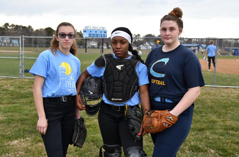 The Cape battery consists of (l-r) freshman Katie Kuhlman, senior catcher Kaniah James and junior pitcher Marissa Frederick.