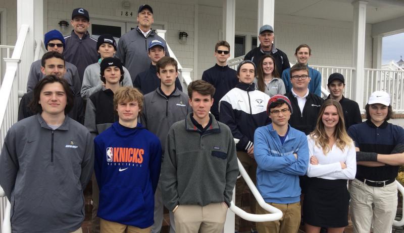 The 2020 Cape Henlopen High School golf team is a big one, with many new golfers trying to fill the playing spots for the six-player matches this spring. In back are (l-r) assistant coach Mike McGinley, head coach Rob Harrod and assistant coach Bill Geppert. In third row are Jeremy Trost, Flynn Kalb, Seth Reynolds, Chris Williams, Sammy Loper and volunteer coach Reed Jones. In second row are Nick Vitolo, Tommy Burn, Quinn McCullough, Owen Brooks, Olan Richardson and Ryan Griffith. In front are Drew Kindl, Corrigan McLaughlin, Conner Wall, Mac Mulholland, Olivia Recicar and Matthew Kolpo. Not pictured: Ben Skelley, Nate Willard and volunteer coach Fritz Schranck. FRITZ SCHRANCK PHOTO