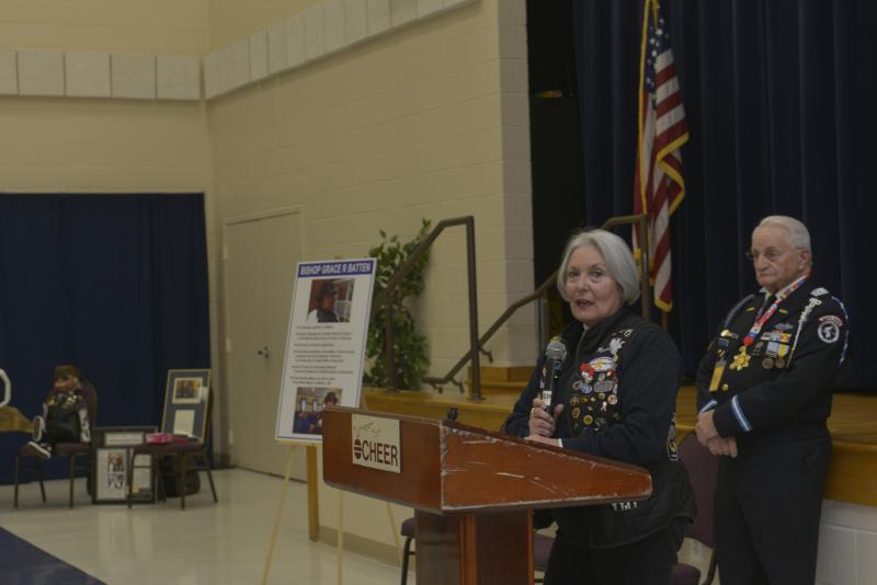 Rosely Robinson from Heroes Welcome Home, Delaware, speaks to the gathered audience about how every soldier needs a big welcome home. Robinson also volunteers for Wreaths Across America, the POW-MIA flag tour, and the Buffalo Soldiers. CHEER Black Culture Day
