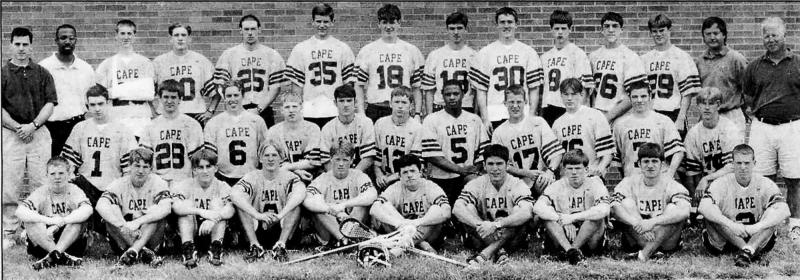 Members of Cape Henlopen High School's undefeated 1998 Delaware state championship lacrosse team include in back (l-r) coach Mark D'Ambrogi, coach Shaun Williams, Robert Wolfgang, Zack Palmer, Scott Steele, Matt Hall, Jimmy Derrick, Ed Savarese, Corey Mahoney, Kip Marshall, Alex Hense, Jimmy Carpenter, coach Tim Mahoney and head coach Steve Aubrey. In the middle are Chris Keller, Matt Lambrosa, Derek Moore, Dan Hamer, Derrick Quillen, Josh Lowe, Malik Lopez, Chad Betts, David Steele, Joey Cahill, and Steve Conlon. In front are Steve Welsh, Jamie Pratt, Geoff Shupard, Logan Short, Bill Lingo, Billy Brennan, Matt Martin, Josh Wyatt, Brett Williams and Kyle Archer. DAVE FREDERICK PHOTO