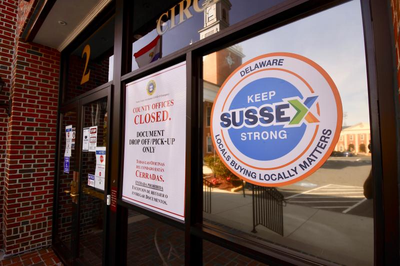 Sussex County administrative offices on The Circle in Georgetown, including council chambers, have been closed to the public since mid-March. Only people dropping off paperwork for county staff to process are permitted in the lobby. RON MACARTHUR PHOTO
