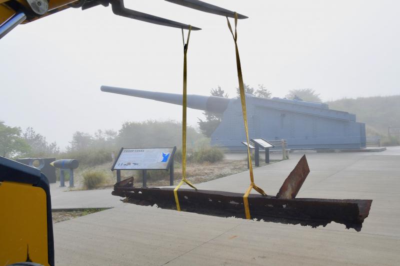 The USS Arizona relic will someday be displayed near the USS Missouri gun barrel at the museum entrance.