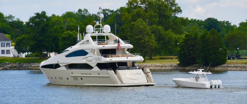 Sullivan’s Island, a Sunseeker 121-foot luxury charter yacht, cruises west on the canal by Chesapeake City.