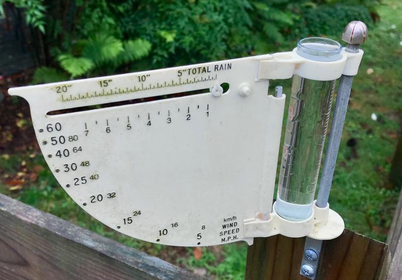 Dick Bryan’s rain gauge at DeVries Circle in Lewes overflowed after it hit the four-inch mark Friday at about noon. DENNIS FORNEY PHOTO