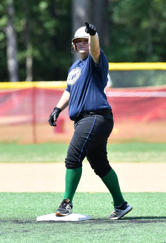 Swoop designated hitter Autumn Boothe points to the dugout after delivering a double in the 4-1 win over LV Patriot Flames Premier in the quarterfinal game.