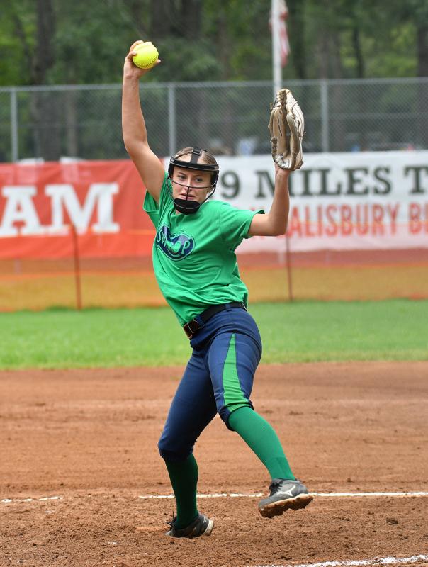 Swoop starting pitcher Alexis Dowdy kept the Churchville batters off balance for four and one third innings striking out three Lightning batters.