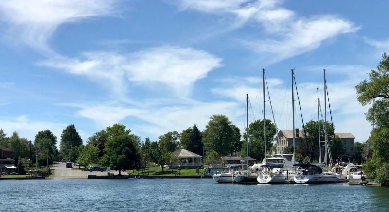Entrance to the harbor at Sackets Harbor. For my Barefootin column that will appear in Friday’s Cape Gazette I mention a locktender in Oswego who highly recommended the Tin Pan Galley restaurant in Sackets Harbor. We’re sorry to report that the restaurant didn’t reopen for the 2020 season. The next photo shows the building housing the closed restaurant. I’m not sure whether the restaurant was a victim of the coronavirus or advanced ivy assault.