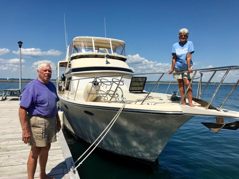 SOCIABLE FOLKS ON THE WATER - We met Barb and Bill along the Oswego Canal wall in Oswego. They live on their 45-foot Californian for several months of the year. The vessel’s name is High Spirits. “That picture on the stern next to the name is a martini glass, not a cross,” said Bill.
We haven’t had the conversation yet about halos, entropy, art and the oversoul.