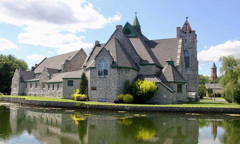 Trinity Episcopal Church makes for a grand entrance into Seneca Falls for mariners arriving from the north.