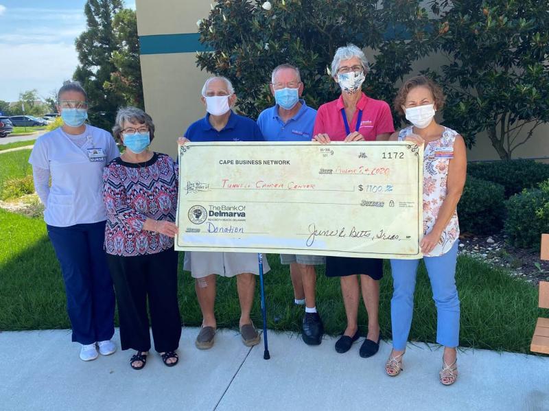 Check presentation attendees are (l-r) Cassie Reed, Tunnell Cancer Center nurse; June Betts, Bank of Delmarva; Stanley Silverblatt, Silver Electric; Roger Anderson, Parcel Plus; Diane Barlow, Beebe Medical Foundation gift officer; and Jude Johnson-Shupe, Tunnell Cancer Center psychosocial services specialist. SUBMITTED PHOTO