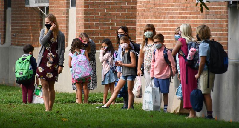 Richard Shields Elementary School students wait to go to their classrooms on Sept. 16, the first day for elementary students in the Cape Henlopen School District.