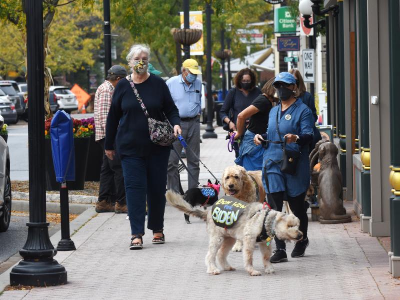The Biden pet parade heads down the Second Street sidewalk.