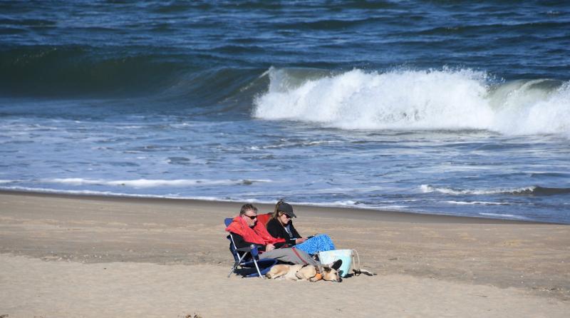 A couple turns away from a chilly sea breeze as they enjoy a fall day at Herring Point in Cape Henlopen State Park.