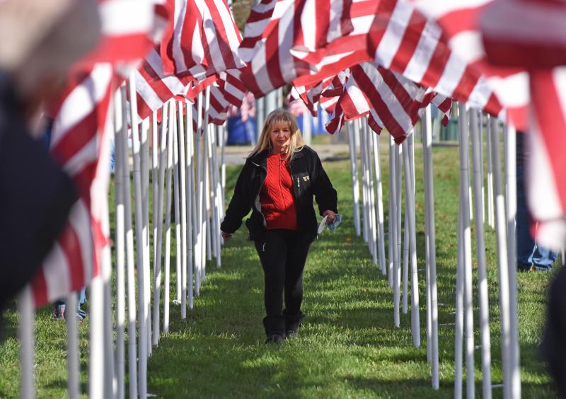 Janine Fitzgerald walks between rows of flags.