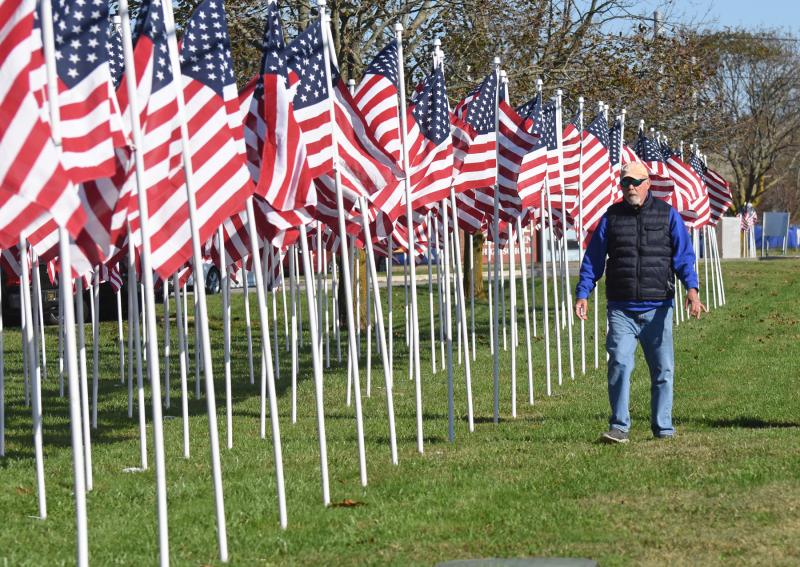 Bruce Summer walks along the line of American flags that front Kings Highway in Lewes.