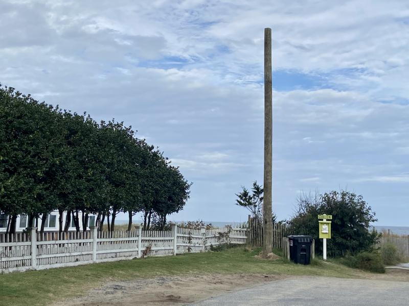 Dewey Beach interim Town Manager Jim Dedes said this pole installed by a provider on Cullen Street within the restricted beach line set by Delaware Department of Natural Resources and Environmental Control will be moved. Commissioners voted unanimously Nov. 6 to refer a draft ordinance regulating wireless facilities to the planning and zoning commission for a subsequent hearing. ELLEN DRISCOLL PHOTO